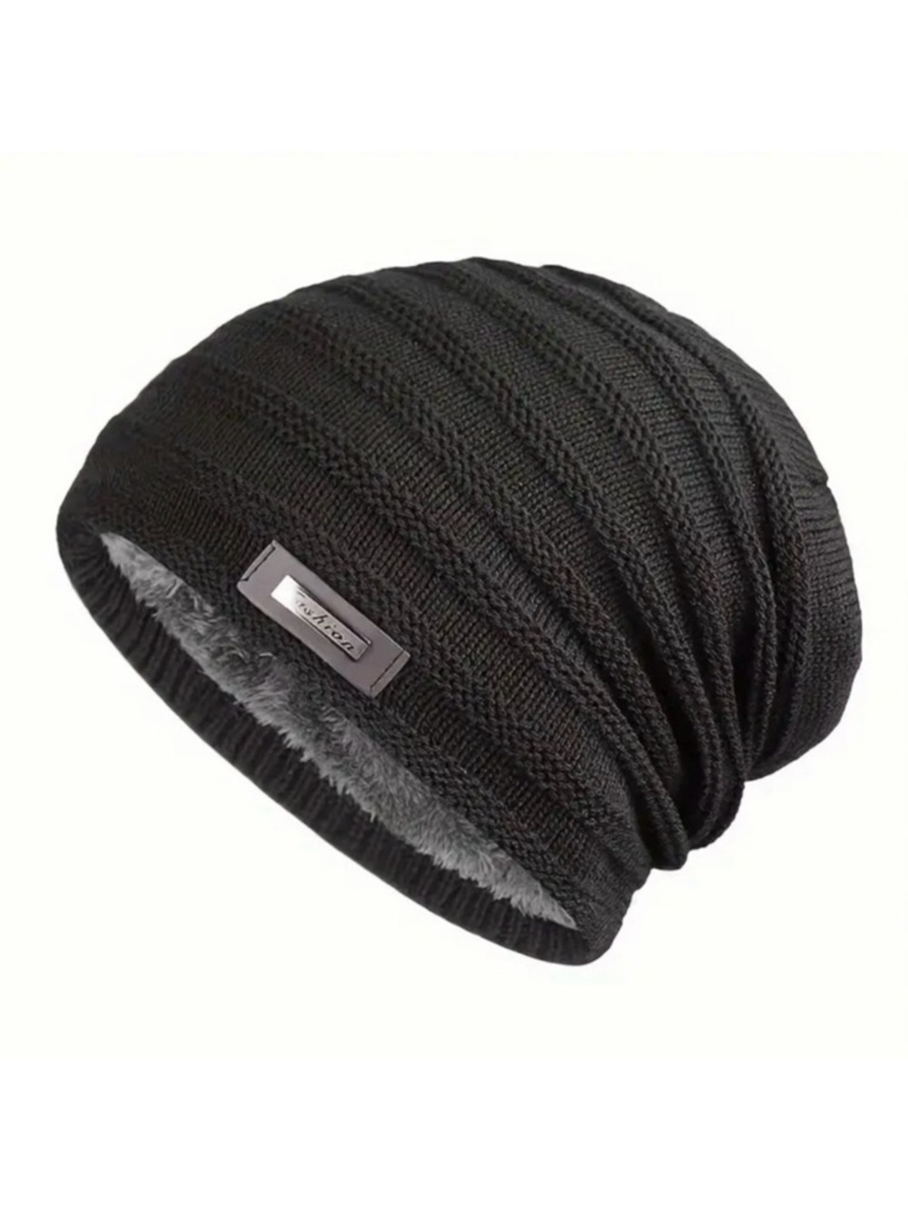 Black Knit Beanie Fleece Lined Warm Soft Stretch Unisex Winter Hat NWT